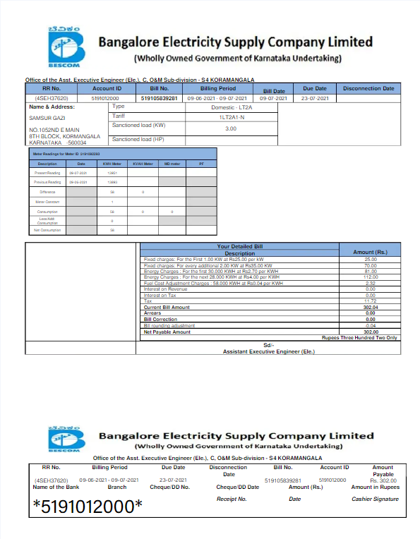 INDIA BESCOM utility bill Word and PDF template